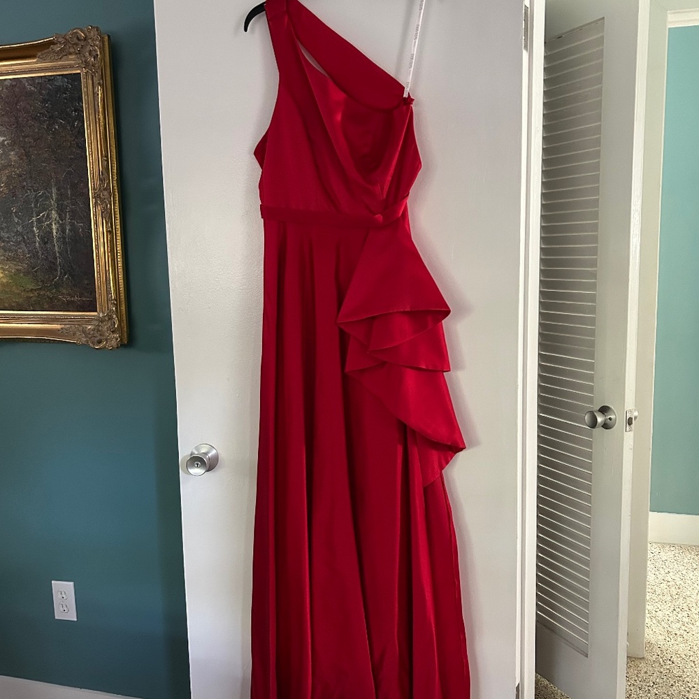 One Shoulder Asymmetric Satin Cascade Gown